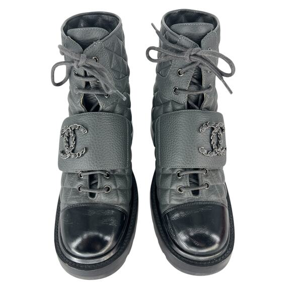Chanel 2022 CC Chain Quilted Cap Toe Logo Combat Boots in Gray & Black - Picture 6 of 15